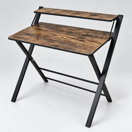 Industrial Folding Desk with Monitor Shelf, 2 Tiers, Brown, Black