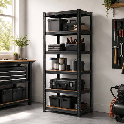 Industrial Heavy-Duty Shelf, 5 Wood-Effect Shelves, 100 kg per Shelf, Black