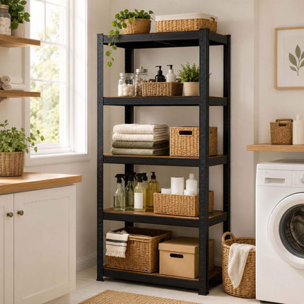 Industrial Heavy-Duty Shelf, 5 Wood-Effect Shelves, 100 kg per Shelf, Black