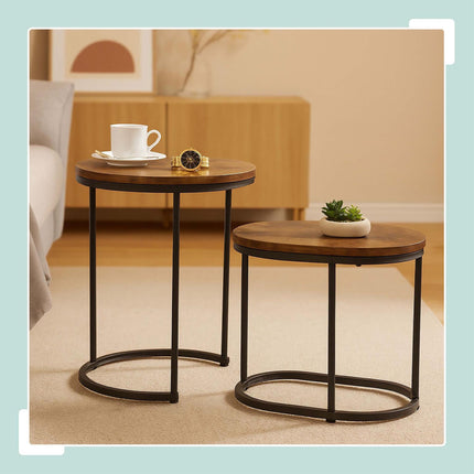 Industrial Nesting Side Tables Set of 2, Round and Oval, Brown, Black