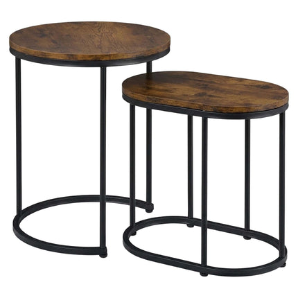 Industrial Nesting Side Tables Set of 2, Round and Oval, Brown, Black