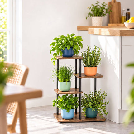 Industrial Plant Stand with 4 Shelves, Metal and MDF, 65 x 48 x 24 cm