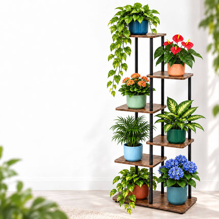 Industrial Plant Stand with 6 Shelves, Metal and MDF, 107 x 48 x 24 cm