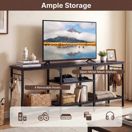 Industrial TV Stand for 65 Inch TVs with Mesh Shelves, Black, 4 Hooks