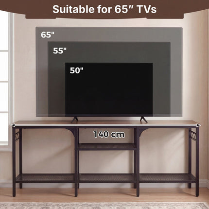 Industrial TV Stand for 65 Inch TVs with Mesh Shelves, Rustic Brown, 4 Hooks