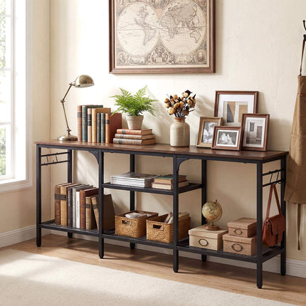 Industrial TV Stand for 65 Inch TVs with Mesh Shelves, Rustic Brown, 4 Hooks