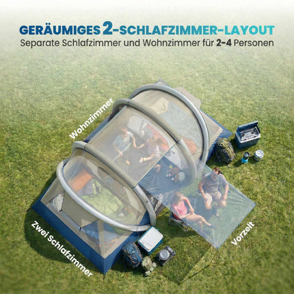 Piepūšamā telts 4 personām, ātri uzstādāma, 2 guļamistabas