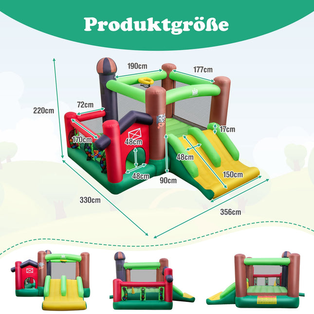 Piepūšamā atrakciju parks ar slidkalniņu un bumbu bedri, 356x330x220 cm
