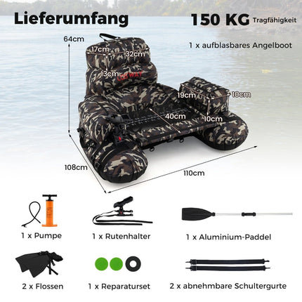Piepūšamā makšķerēšanas laiva ar airu un makšķeres turētāju, 150 kg celtspēja