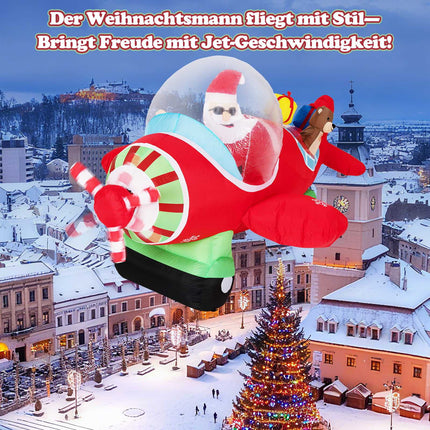 Piepūšams Ziemassvētku vecītis lidmašīnā ar LED gaismām, 220 cm