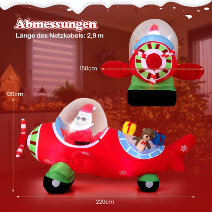 Piepūšams Ziemassvētku vecītis lidmašīnā ar LED gaismām, 220 cm