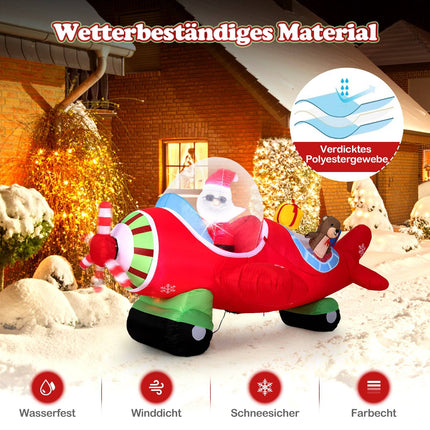 Piepūšams Ziemassvētku vecītis lidmašīnā ar LED gaismām, 220 cm