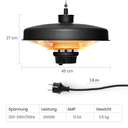 Infrasarkanais griestu terases sildītājs 2000 W, tālvadības pults, IP65