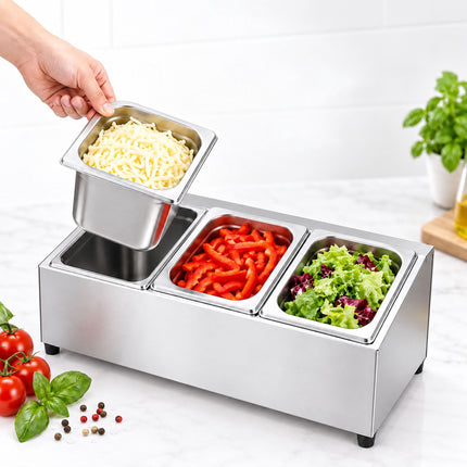 Ingredient Container Set with 3 GN 1/6 Bowls and Lids, Stainless Steel, Silver