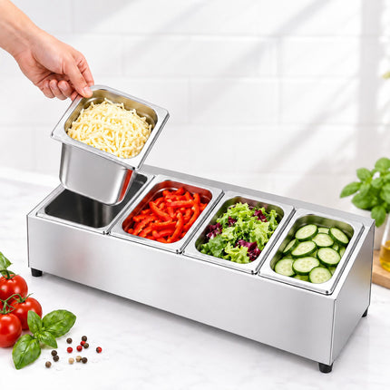 Ingredient Container Set with 4 GN 1/6 Bowls and Lids, Stainless Steel, Silver