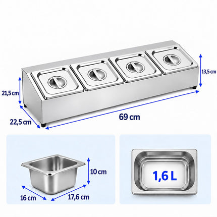Ingredient Container Set with 4 GN 1/6 Bowls and Lids, Stainless Steel, Silver