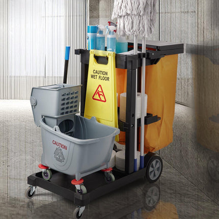 Janitorial Cleaning Cart, 3-Shelf, 200 lb, 25 Gal Bag