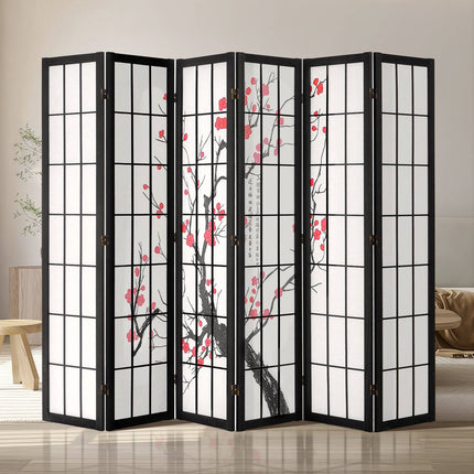 Japanese Room Divider, 6 Panel Folding Wood Screen, Cherry Blossom