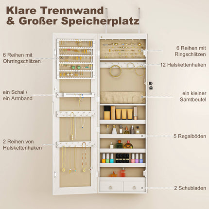 Jewellery Cabinet with LED Light and Full-Length Mirror, Lockable, White