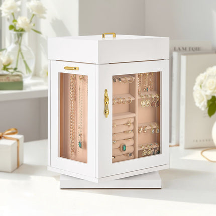 Jewelry Box Organizer – 360 Rotating, Magnetic Door, White