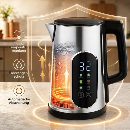 Kettle and 2-Slice Toaster Set with LED Touch Display, 1.5 L, 2200 W, Silver