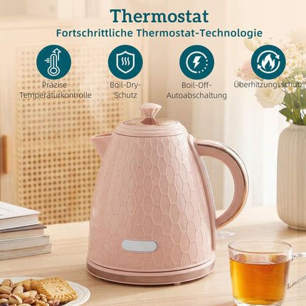 Tējkannas un tostera komplekts, 1,7 l ātrvārāmā tējkanna, 2 šķēles, rozā