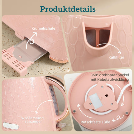 Tējkannas un tostera komplekts, 1,7 l ātrvārāmā tējkanna, 2 šķēles, rozā