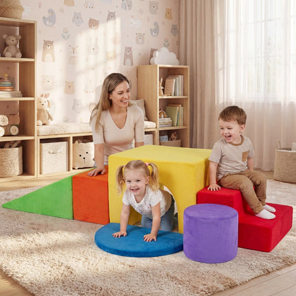Bērnu kāpšanas putuplasta bloku komplekts, 6 daļas, slidkalniņš, samta pārvalks, sarkans