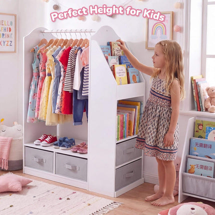 Kids Clothing Rack with Full-Length Mirror and Bookshelf, White, 108 cm