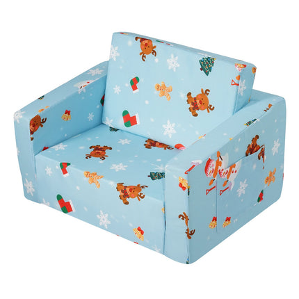 Kids Couch, 2-in-1 Fold-Out Sofa Bed Lounger, Blue