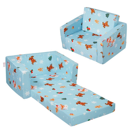 Kids Couch, 2-in-1 Fold-Out Sofa Bed Lounger, Blue