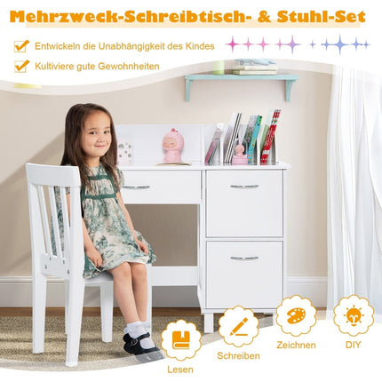 Bērnu rakstāmgalda un krēslu komplekts, koks, balts, uzglabāšanas iespējas