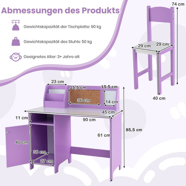 Bērnu rakstāmgalda un krēslu komplekts ar uzglabāšanas vietu, violets koks