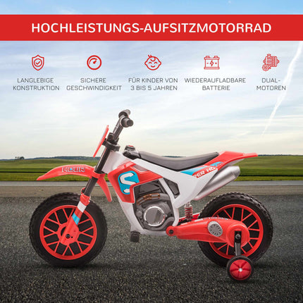 Bērnu elektriskais motocikls, sarkans/balts, 45 minūšu brauciena laiks