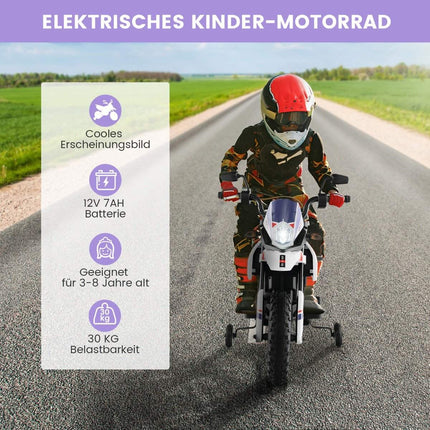 Bērnu elektriskais motocikls ar treniņriteņiem, mūziku, 12 V akumulatoru