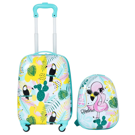 Bērnu bagāžas komplekts, flamingo dizains, čemodāns un mugursoma, zils
