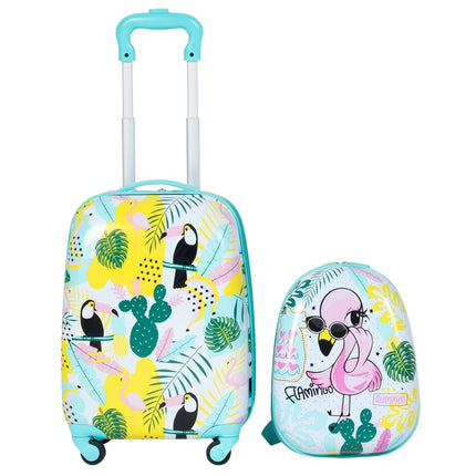 Bērnu bagāžas komplekts, flamingo dizains, čemodāns un mugursoma, zils