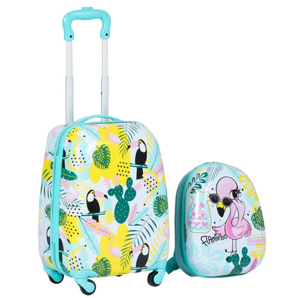 Bērnu bagāžas komplekts, flamingo dizains, čemodāns un mugursoma, zils