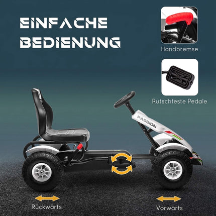 Bērnu pedāļu kartings ar regulējamu sēdekli un rokas bremzi, balts