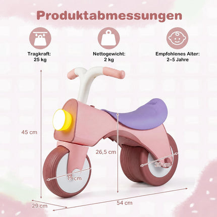 Bērnu rozā līdzsvara velosipēds ar gaismām un mūziku