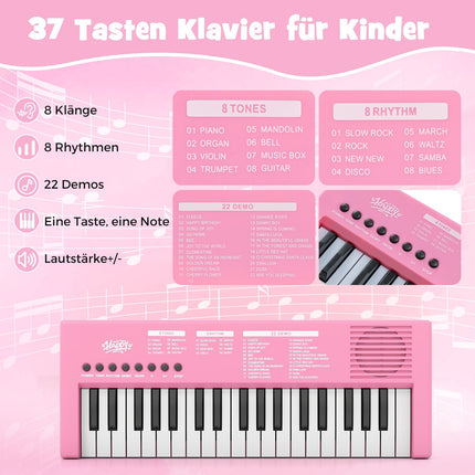 Bērnu rozā klaviatūras, 37 taustiņi, 8 ritmi, USB un akumulators