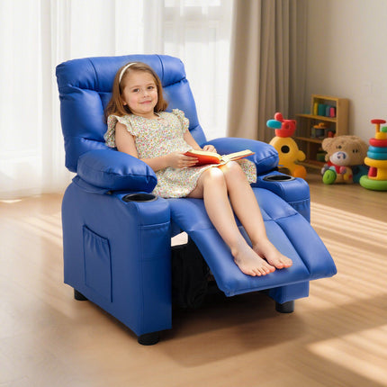 Kids Recliner Chair, PU Leather, Cup Holders, Footrest, Blue
