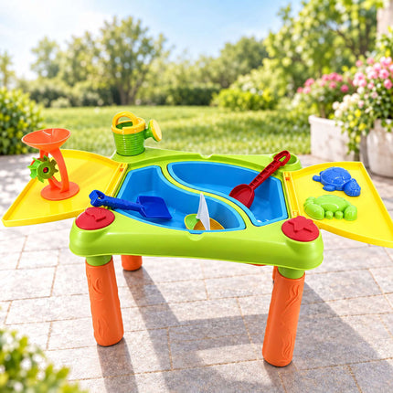 Kids' Sand and Water Play Table with 2 Compartments, Folding Lid, 10-Piece Set