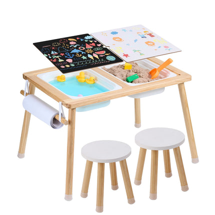 Kids Sensory Table Set With 2 Stools, Bins, Paper Holder