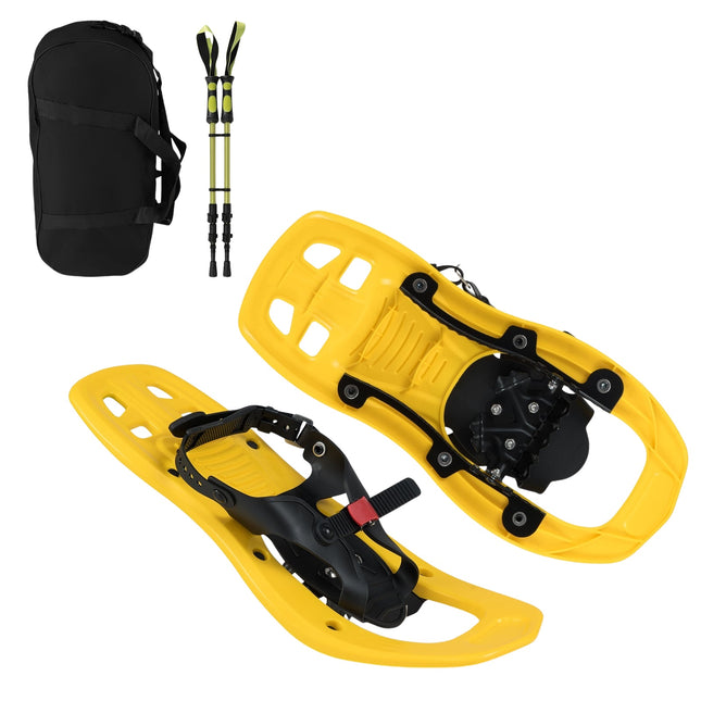 Bērnu sniega kurpju komplekts ar regulējamiem nūjām un somu, dzeltens