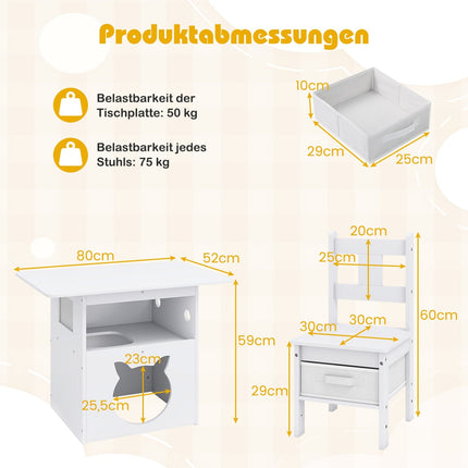 Bērnu galda komplekts ar kaķu mājiņu, 2 krēsliem, uzglabāšanas kastēm