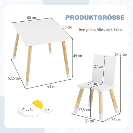 Bērnu galda un krēslu komplekts, koks, balts, 3 daļas