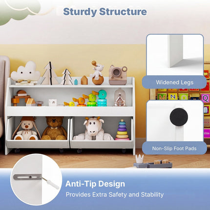 Kids Toy Storage Unit with 2 Movable Drawers and Shelf, Anti-Tip Kit, White