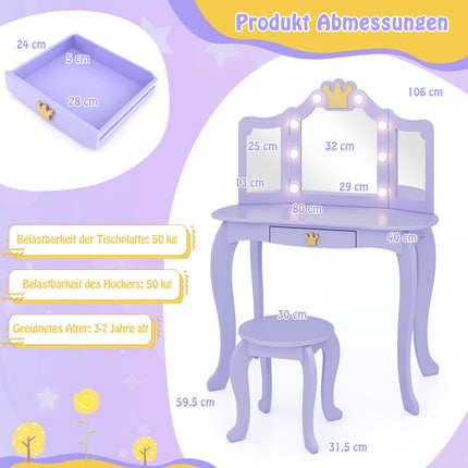 Bērnu kosmētikas galdiņš ar gaismām, trīsdaļīgs spogulis, violets