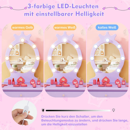 Bērnu kosmētikas galdiņš ar noņemamu spoguli un LED gaismām